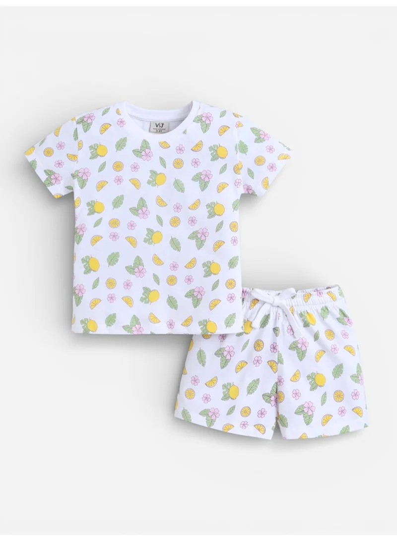 Victor And Jane  Girls Lemon Print Cotton Pajama Set – T-Shirt & Shorts Nightwear for Women | Best Price UAE